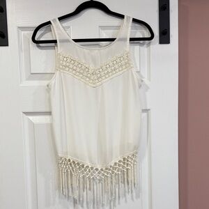 Monteau Bohemian White Sleeveless Top with Lace and Fringe